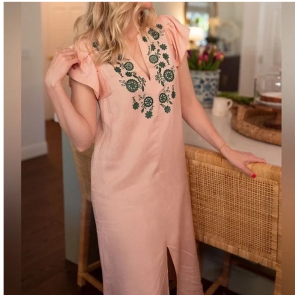 Tuckernuck Pomander Place Emma Pink Linen with Green Embroidery Midi Dress Small